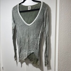 We The Free Olive Green Distressed V-Neck Long Sleeve Top